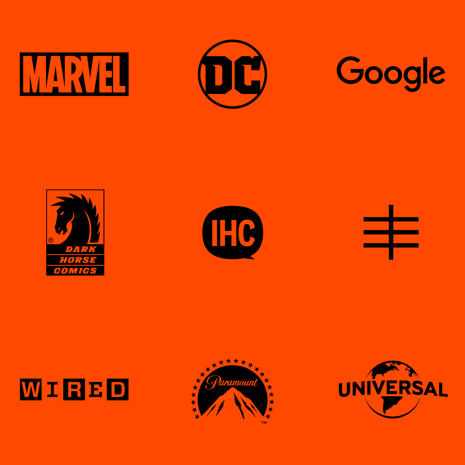 A grid of client logos including Marvel  and Google.