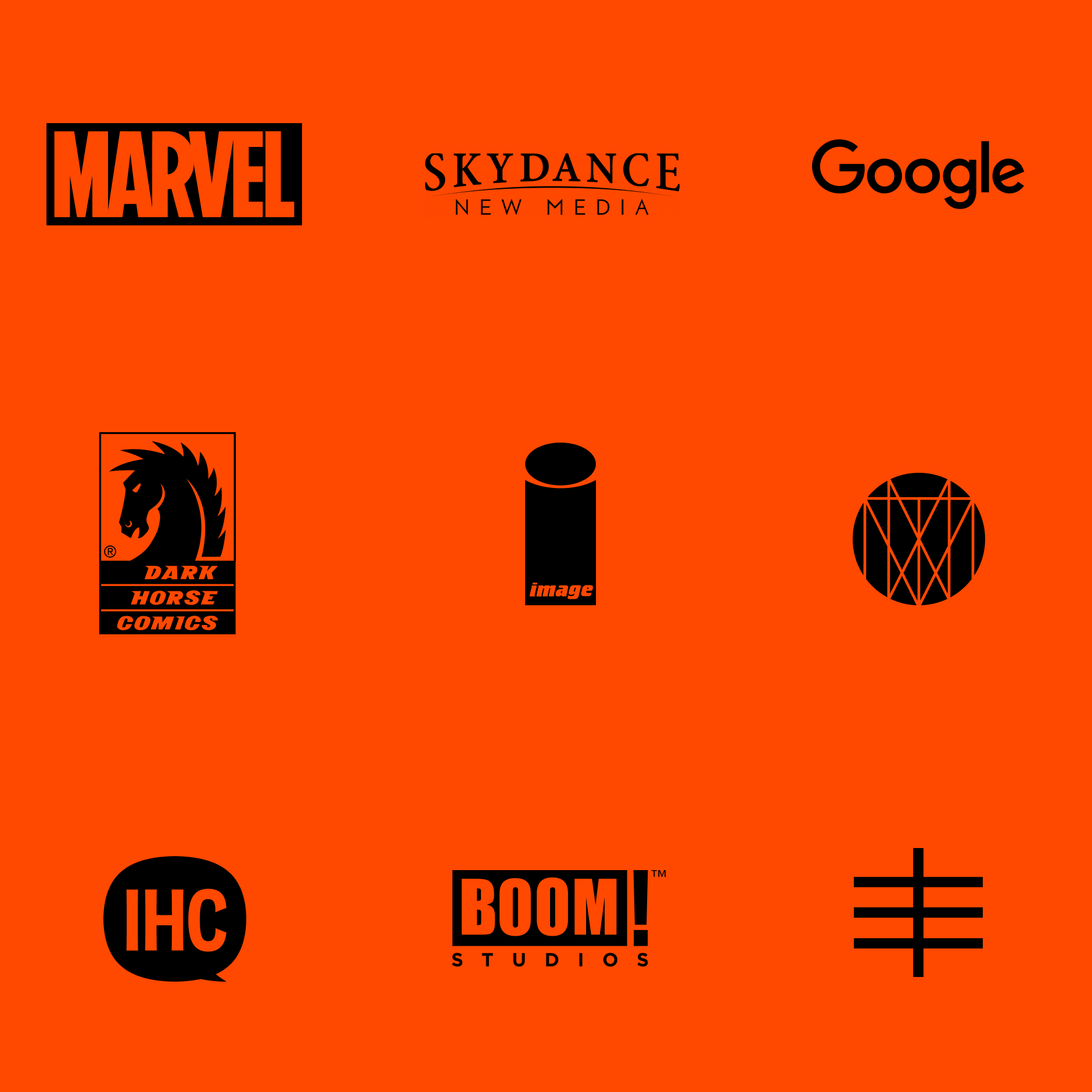 A grid of client logos including Marvel  and Google.